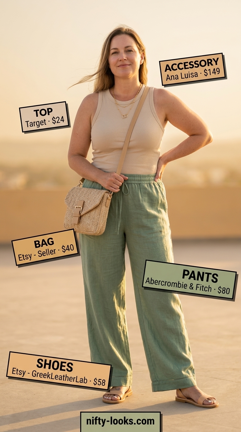 Hourglass curvy outfit summer for women 2026: Sage green linen wide-leg pants, cream tank, flat sandals for vacation.
