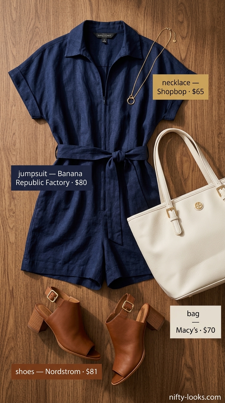 Hourglass curvy outfit summer for women 2026: Navy linen romper, white tank, tan mules for a daytime event.