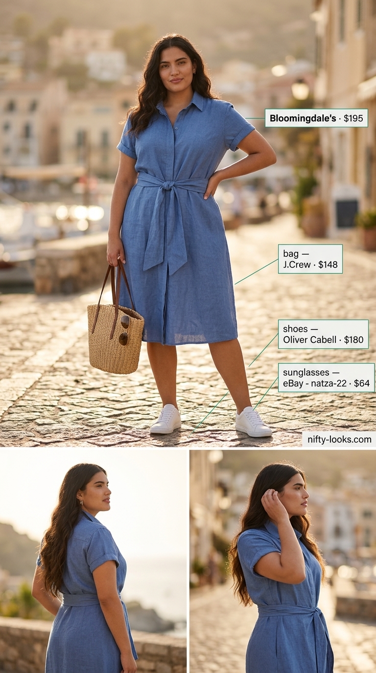 Hourglass curvy outfit summer for women 2026: Sky blue linen shirt dress with sneakers.