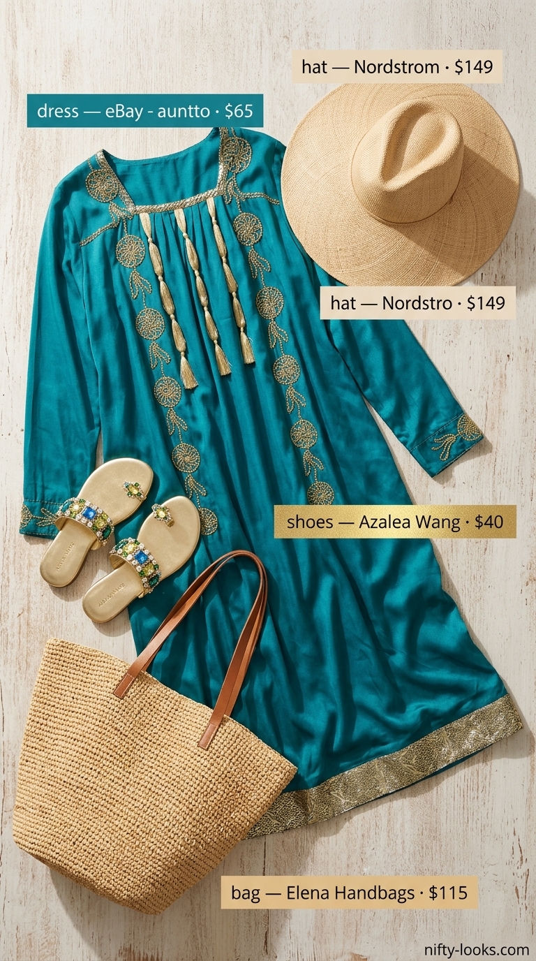 Hourglass curvy outfit summer for women 2026: Teal and gold maxi caftan beach cover-up with straw accessories.