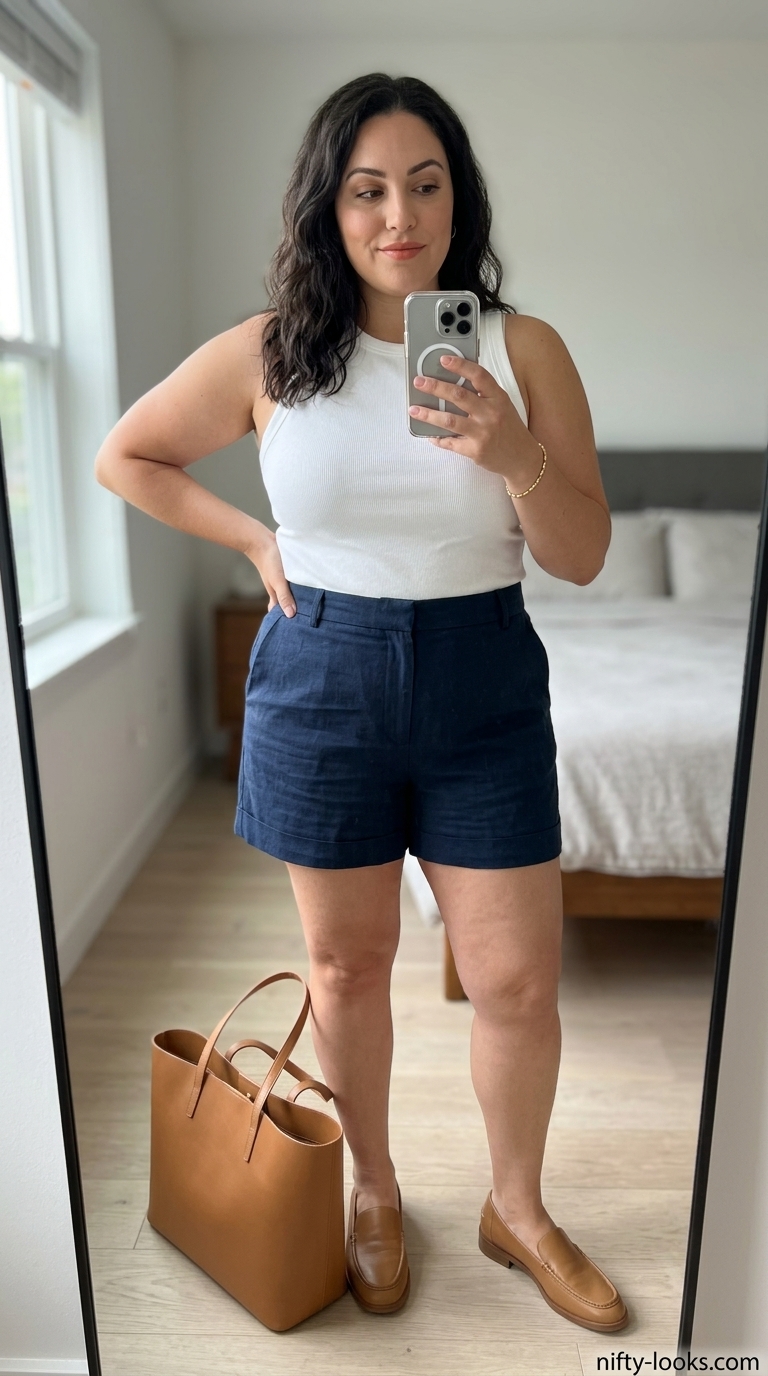 Hourglass curvy outfit summer for women 2026: Navy linen shorts set, white tank, loafers for smart casual.