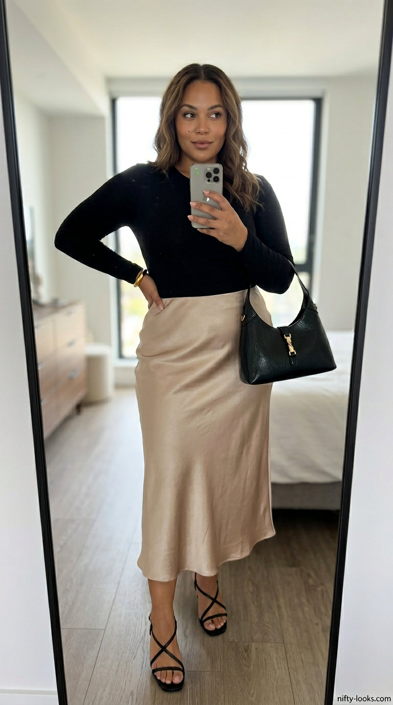 Hourglass curvy outfit summer for women 2026: Champagne satin slip skirt, black bodysuit, strappy heels for a night out.