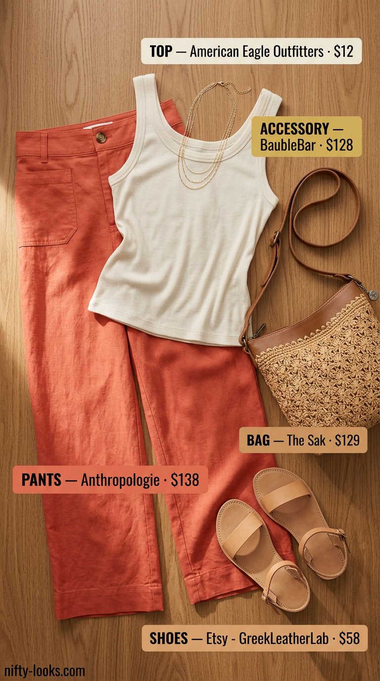 Hourglass curvy outfit summer for women 2026: Terracotta linen wide-leg pants and cream tank top.