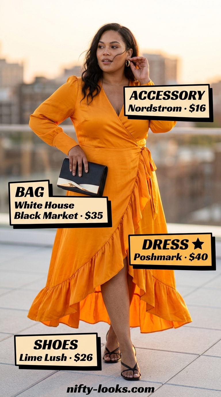 Hourglass curvy outfit summer for women 2026: Mango orange wrap dress, black heels, gold earrings for date night.