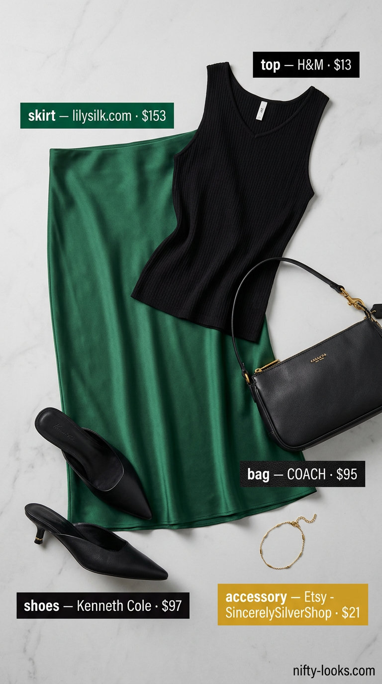 Emerald green silk midi skirt with black knit top for Italian Riviera summer outfits for women 2026.