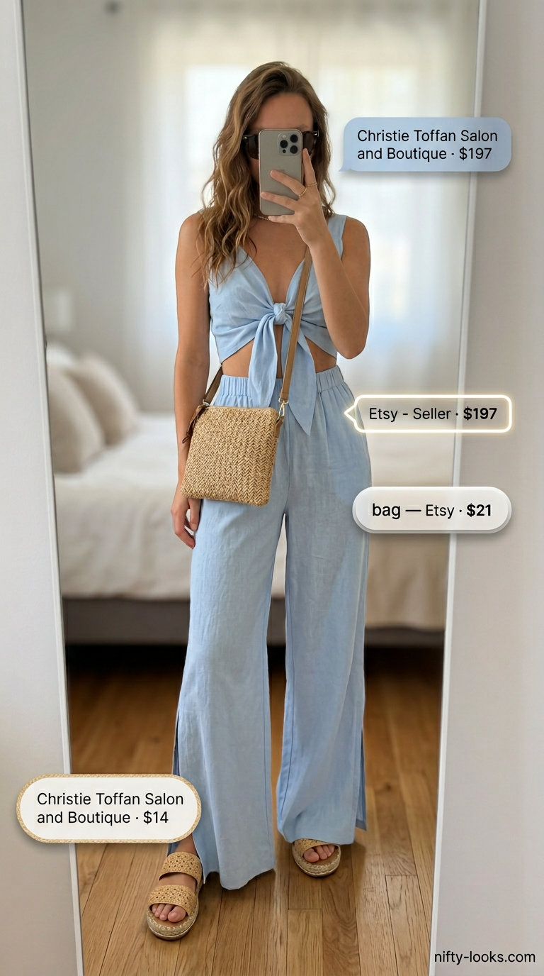 Soft blue linen matching set for Italian Riviera summer outfits for women 2026.