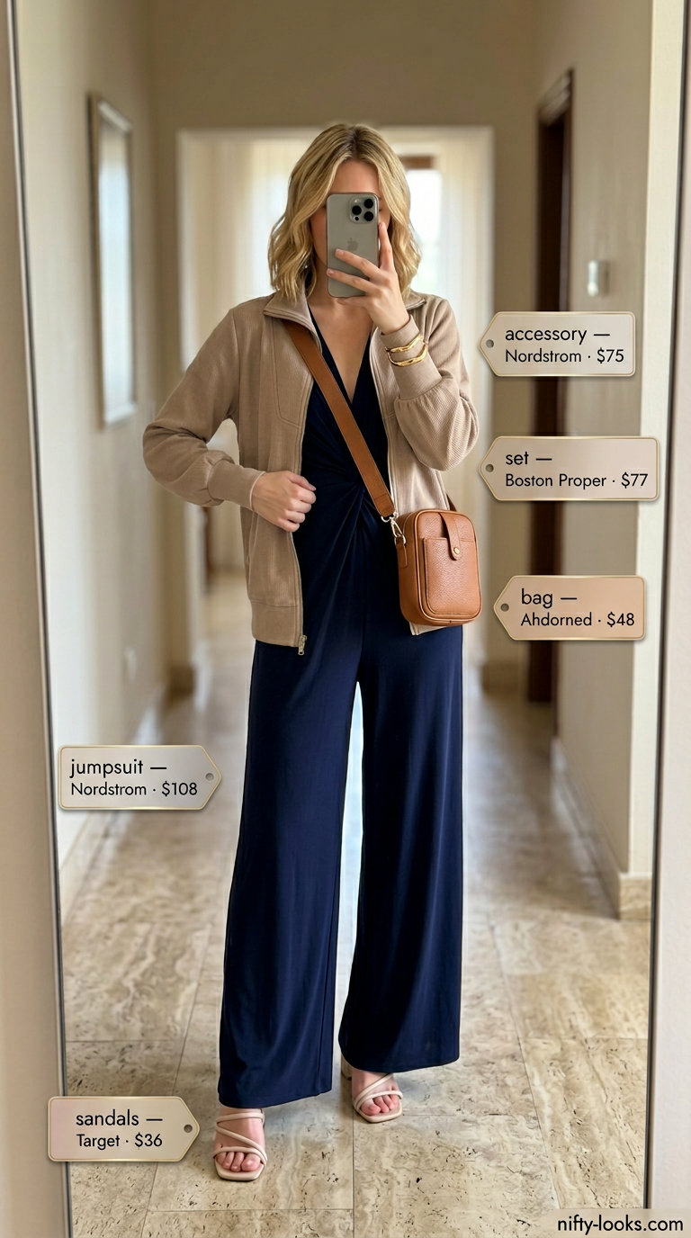 Navy wide-leg jumpsuit with block heels for Italian Riviera summer outfits for women 2026.