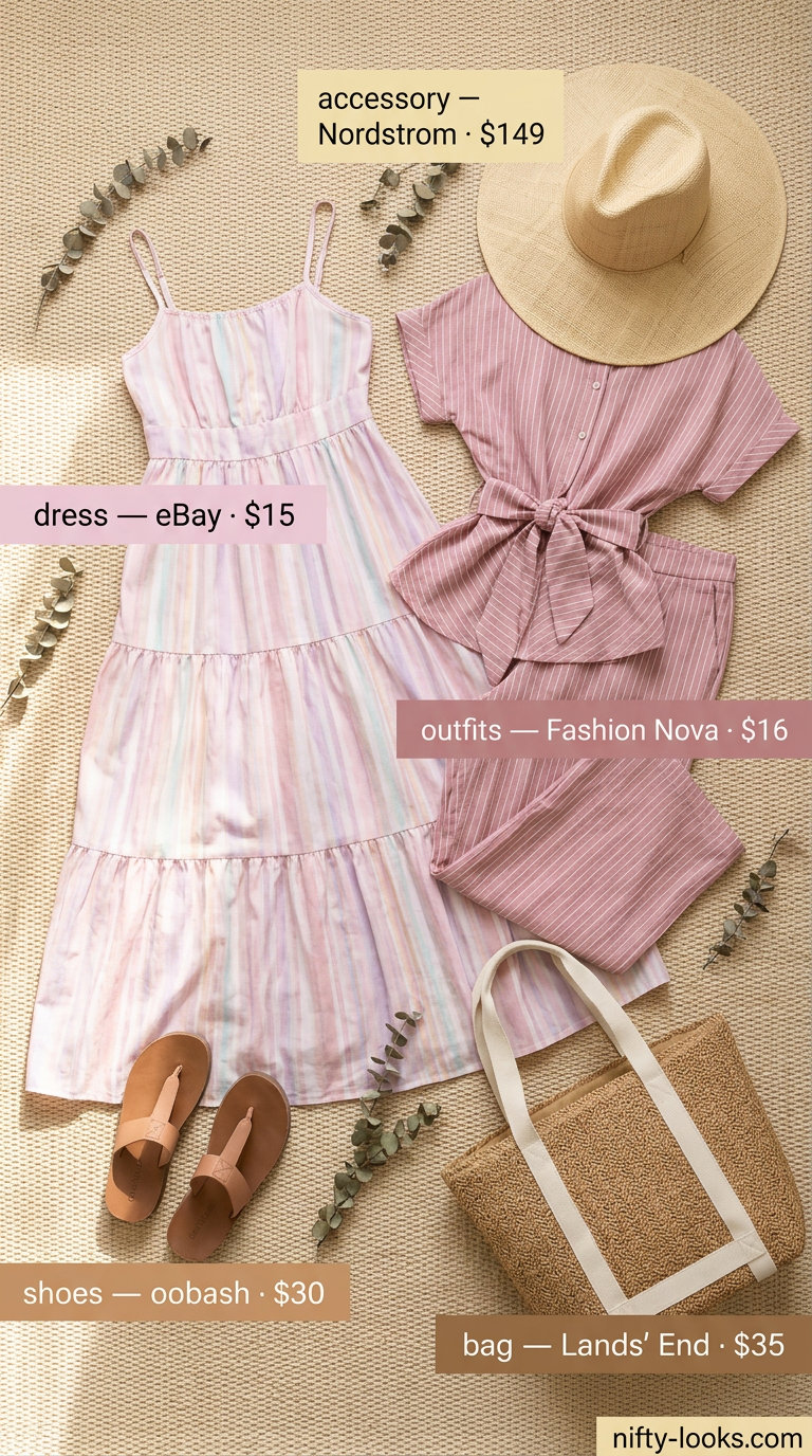 Pastel stripe maxi dress with straw hat for Italian Riviera summer outfits for women 2026.