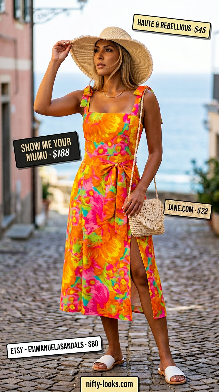 Floral midi dress, straw hat, straw bag & white slides for Italian Riviera summer outfits women 2026.