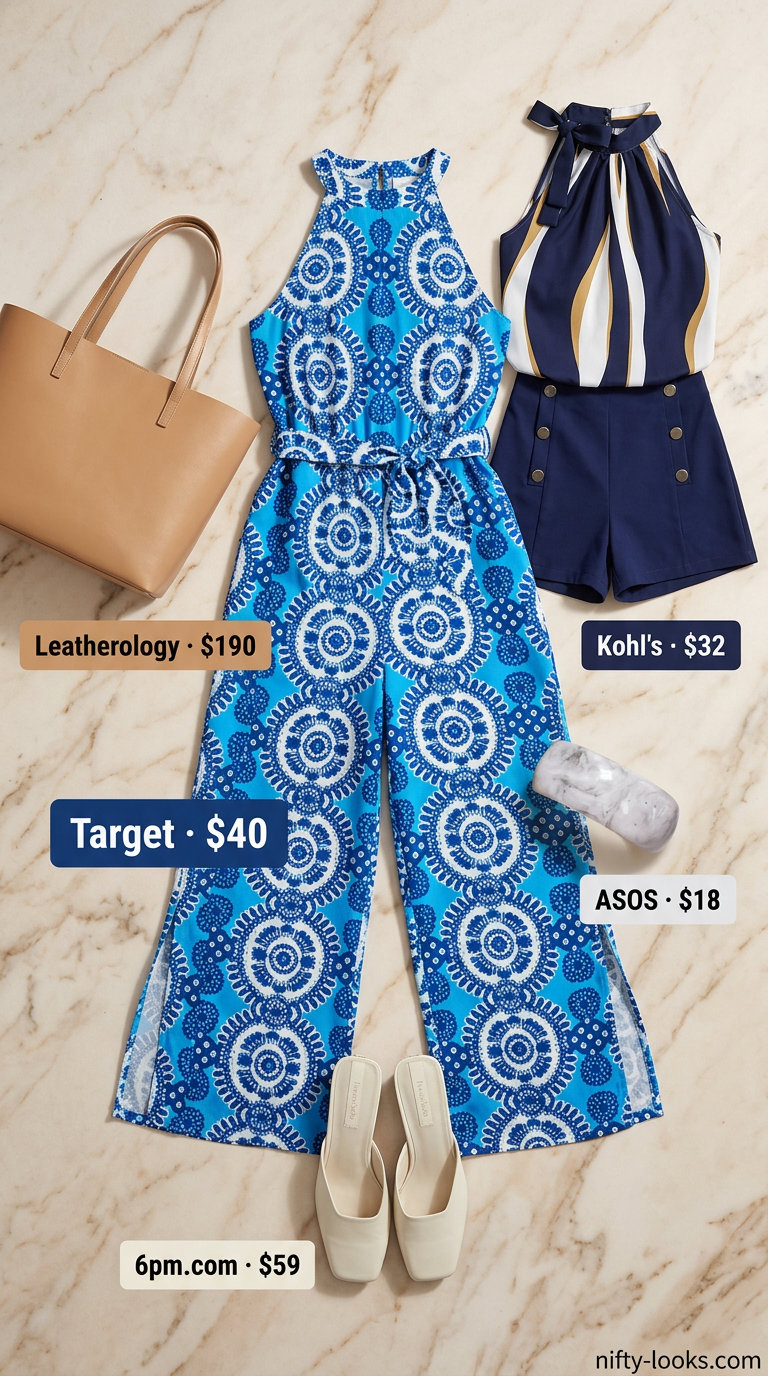 Azure blue wide-leg jumpsuit, tan tote bag & white mules for Italian Riviera summer outfits women 2026.
