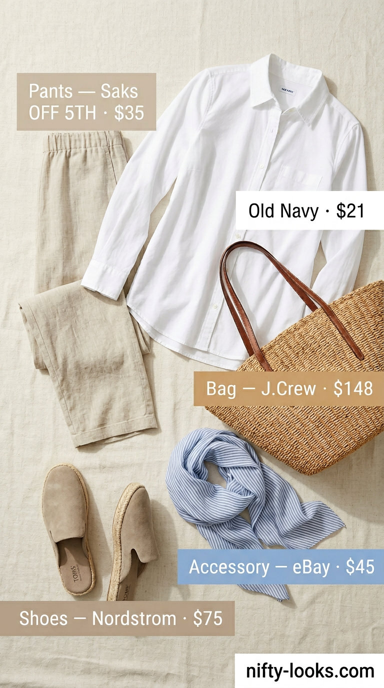 White linen capris, oversized white shirt, striped scarf & espadrille mules for Italian Riviera summer outfits women 2026.