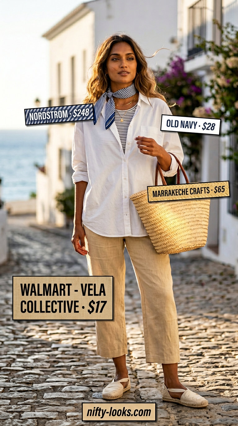 White linen capris, oversized white shirt, striped scarf & espadrilles for Italian Riviera summer outfits women 2026.