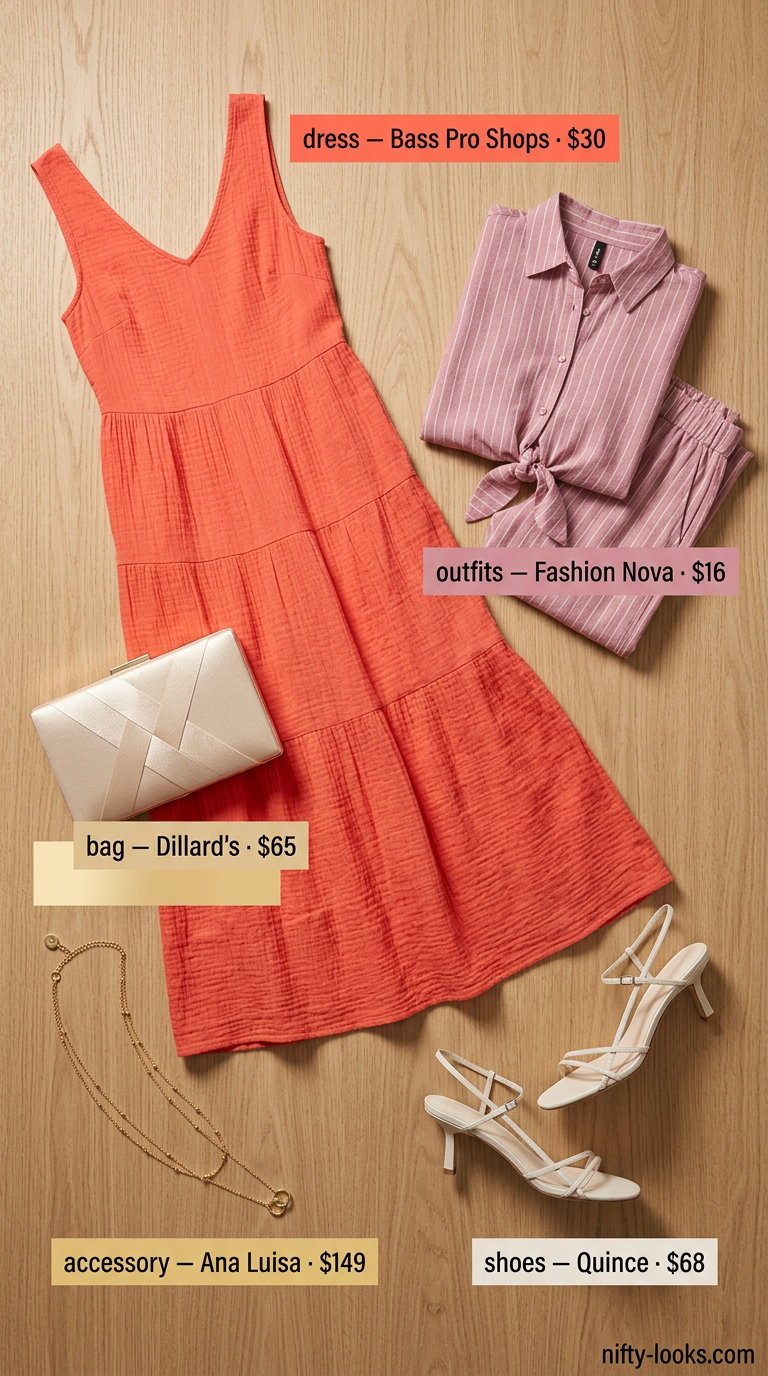 Coral maxi dress, gold necklaces & cream heeled sandals for Italian Riviera summer outfits women 2026.