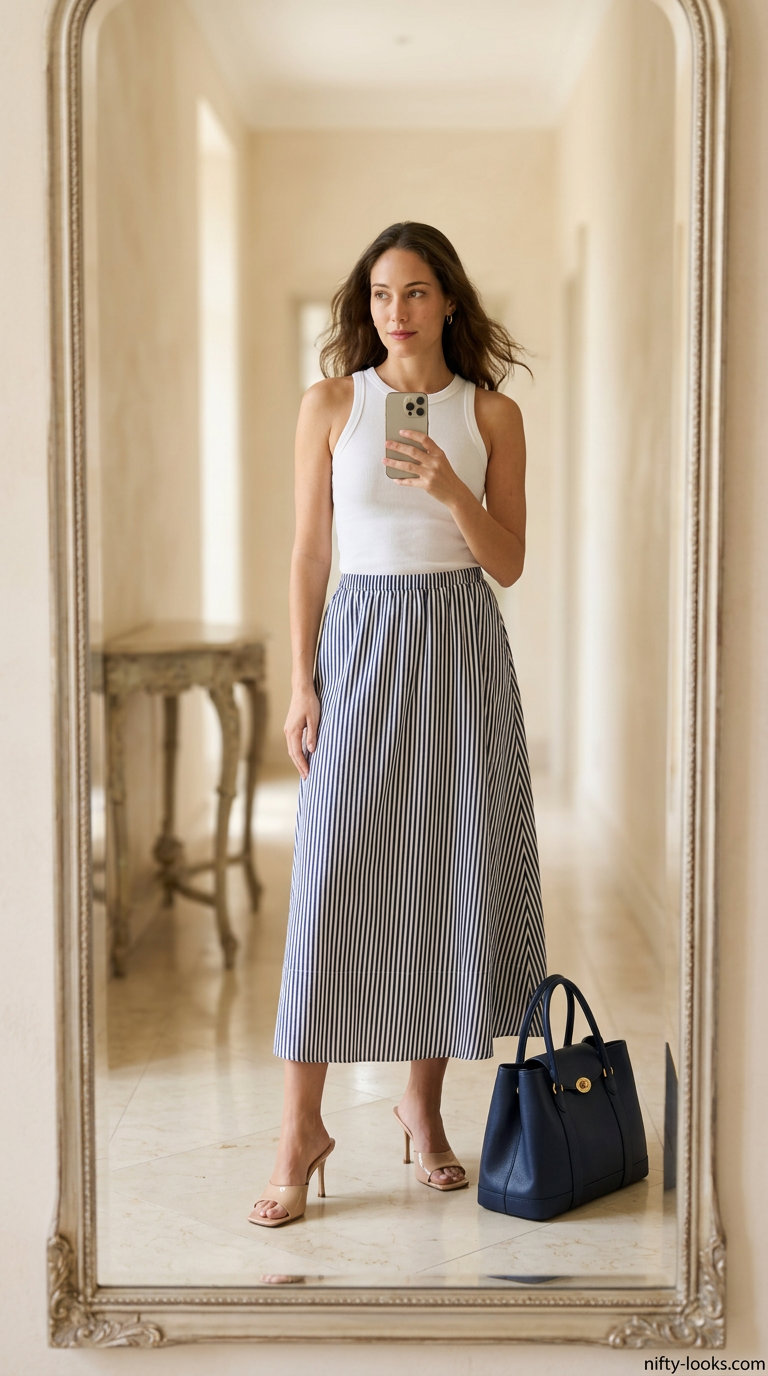 Navy and white striped midi skirt, white ribbed tank top & structured bag for Italian Riviera summer outfits women 2026.