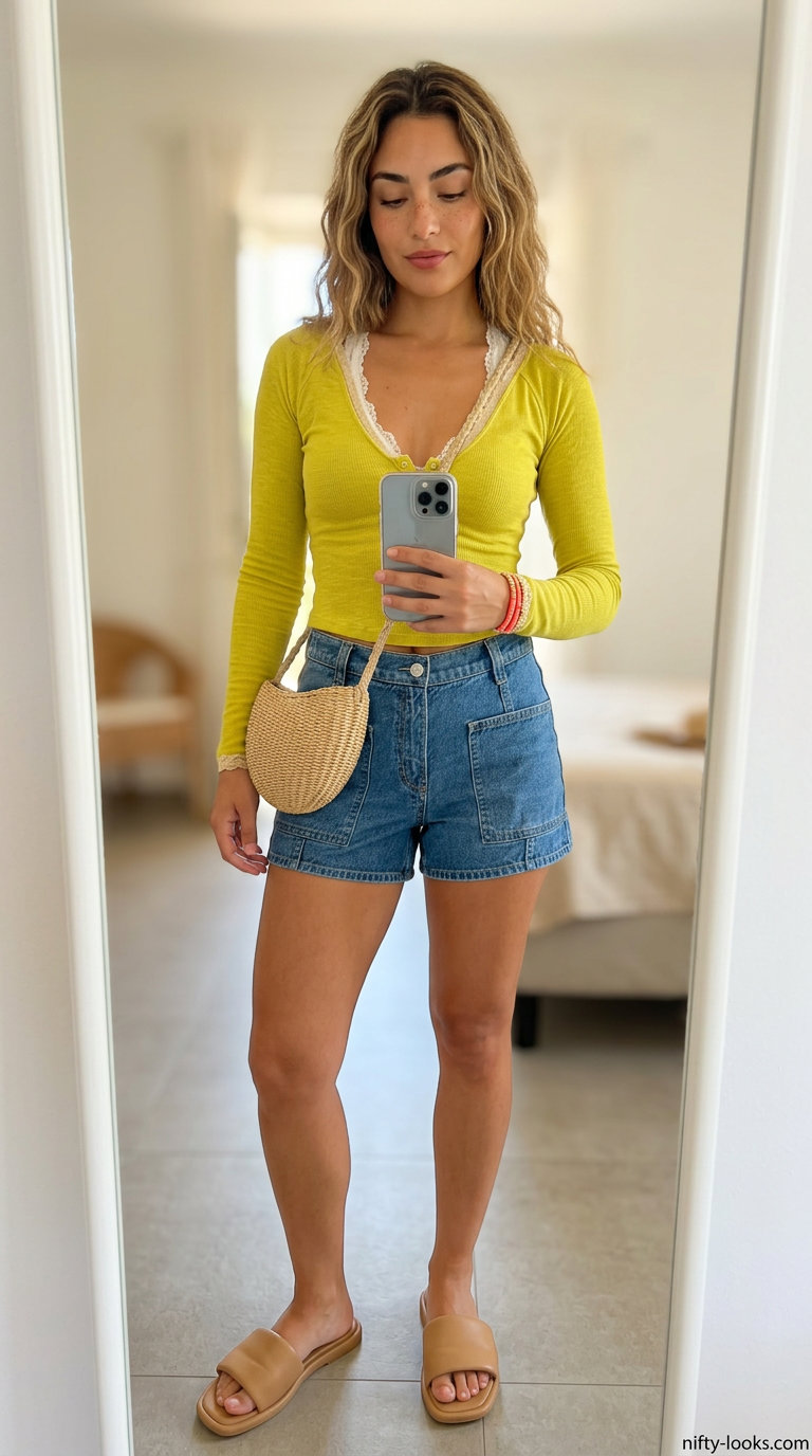 Italian Riviera summer outfit for women 2026: Denim shorts, off-shoulder blouse, straw bag, and flat sandals for beach day.