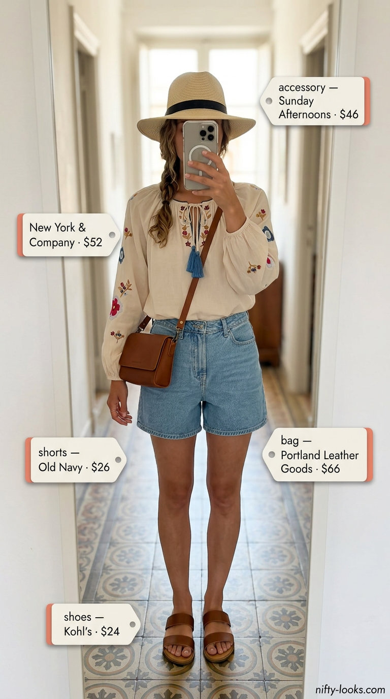 Italian Riviera summer outfit for women 2026: Denim shorts, white peasant blouse, straw hat, and leather sandals for market shopping.