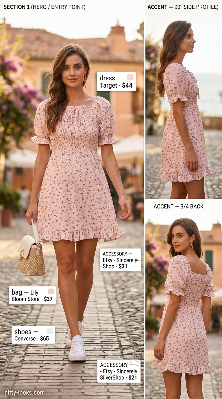 Italian Riviera summer outfit for women 2026: Pastel floral mini dress, straw bag, and white sneakers for sightseeing.