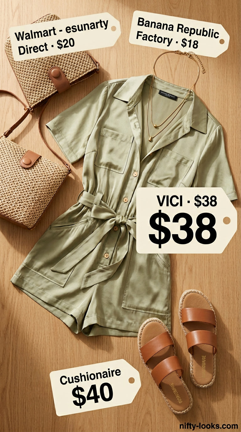 Italian Riviera summer outfit for women 2026: Olive green linen romper, espadrilles, and straw bag for casual chic.