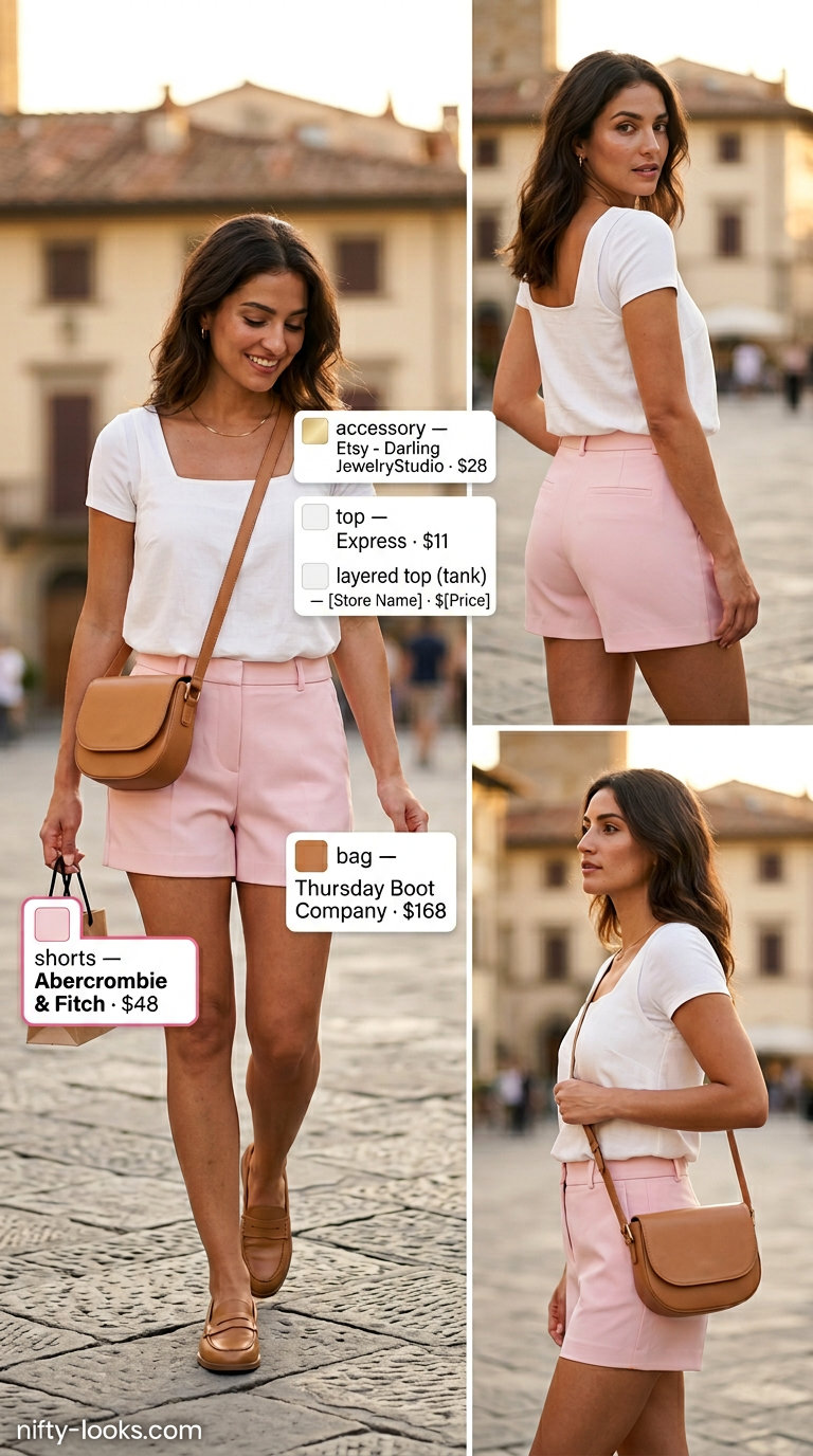Italian Riviera summer outfit for women 2026: Light pink linen shorts, white knit top, loafers, and crossbody bag for shopping.