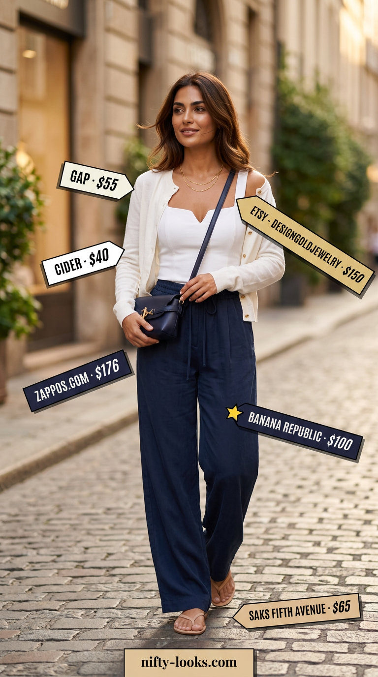 Italian Riviera summer outfit for women 2026: Navy wide-leg pants, cream knit top, cardigan, and sandals for evening strolls.