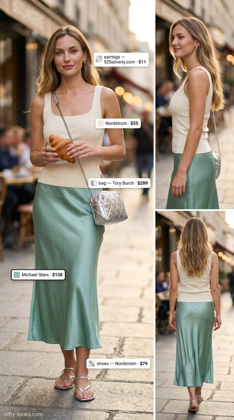 Italian Riviera summer outfit for women 2026: Seafoam green slip skirt, cream knit top, silver sandals, and bag for dinner.