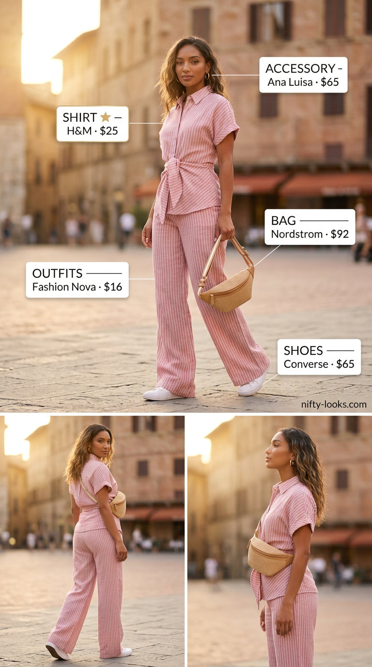 Italian Riviera summer outfit for women 2026: Light blue striped oversized shirt, white sneakers, and straw belt bag.