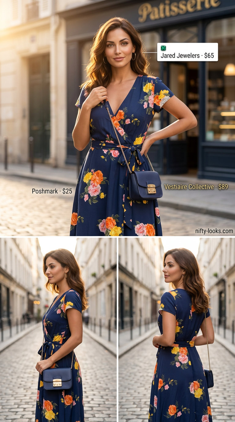 Italian Riviera summer outfit for women 2026: Floral wrap dress, block heels, and crossbody bag for a romantic dinner.