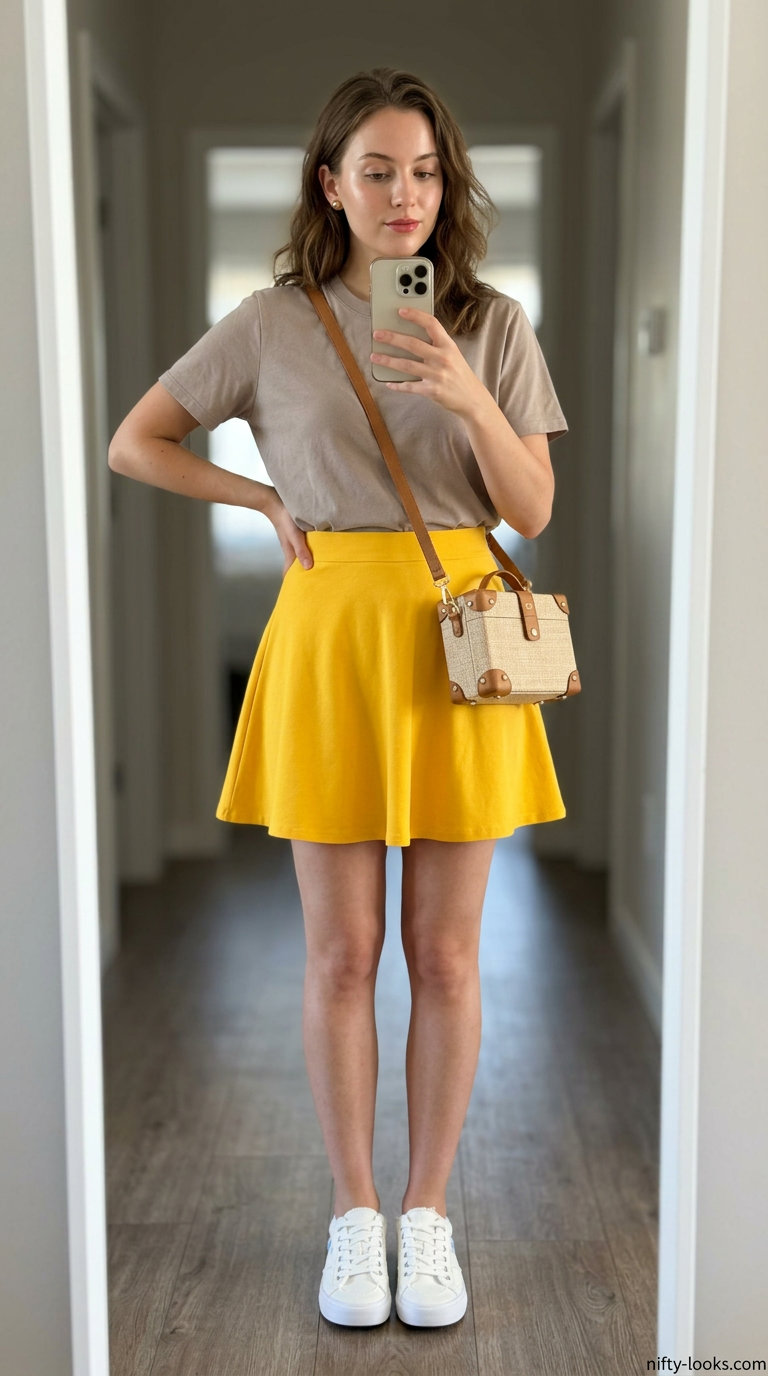 Italian Riviera summer outfit for women 2026: Yellow mini skirt, white tee, raffia bag, and canvas sneakers for a picnic.