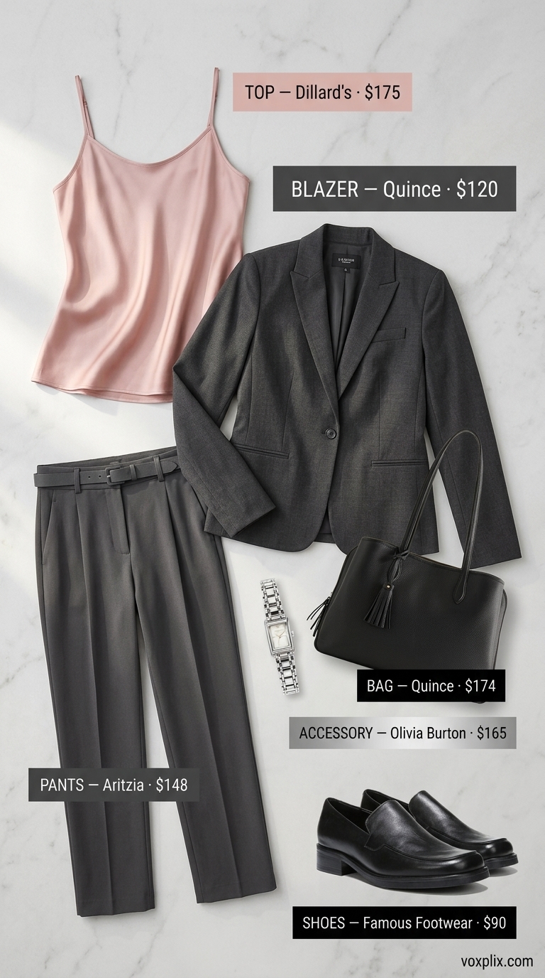 Light Summer Work Outfits for Women 2026: Blush & Charcoal Authority Light summer work outfits for women 2026: Charcoal blazer, blush cami, cropped trousers for formal office.