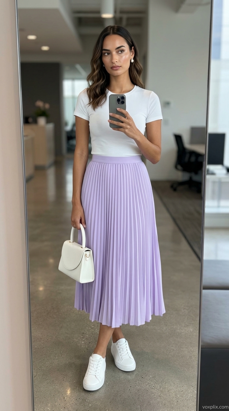 Light Summer Work Outfits for Women 2026: Lavender Logic Light summer work outfits for women 2026: Lavender skirt, white tee, sneakers for creative office.