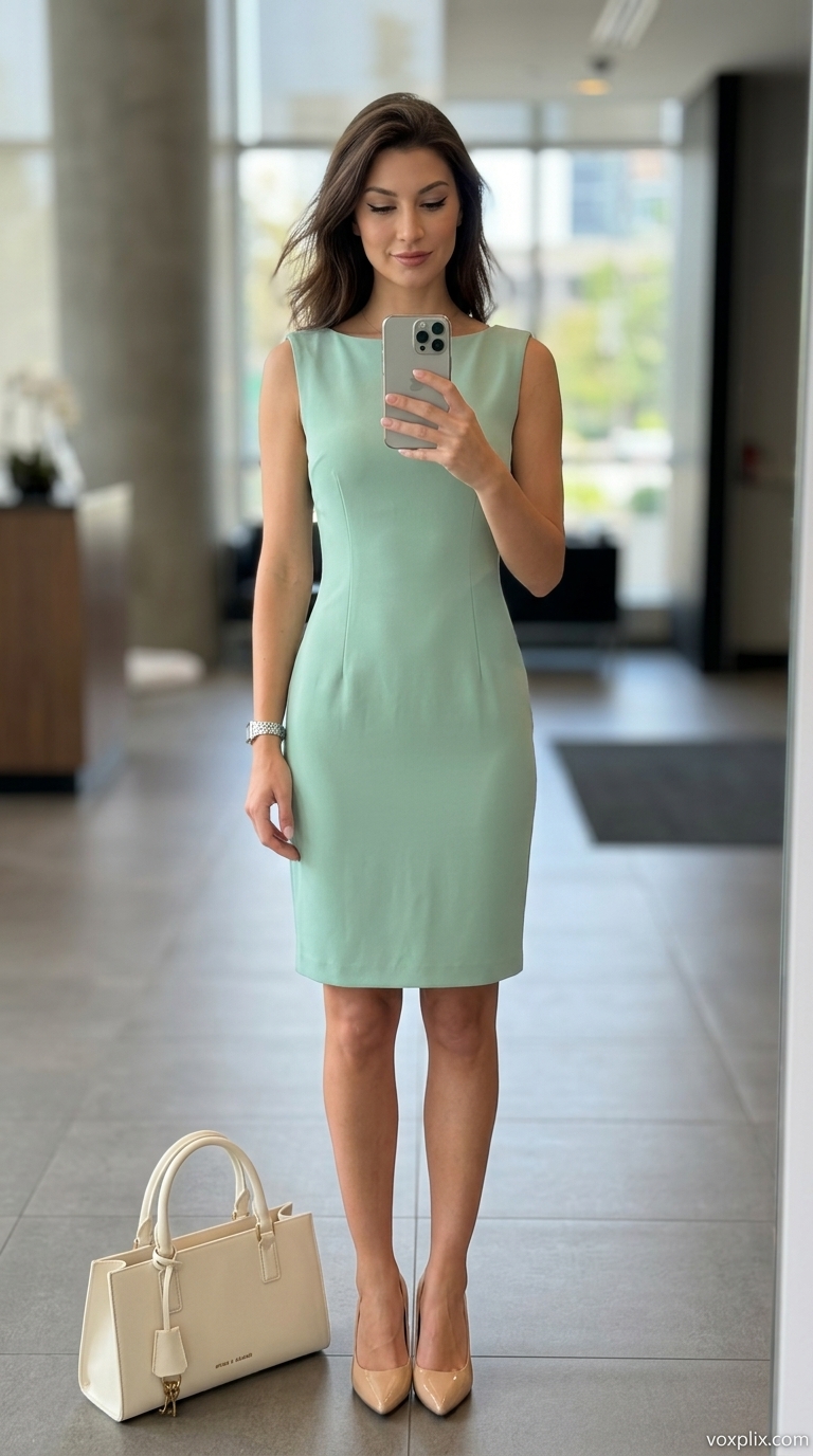 Light Summer Work Outfits for Women 2026: Mint Green Executive Light summer work outfits for women 2026: Mint green sheath dress, nude pumps, silver watch for interview.