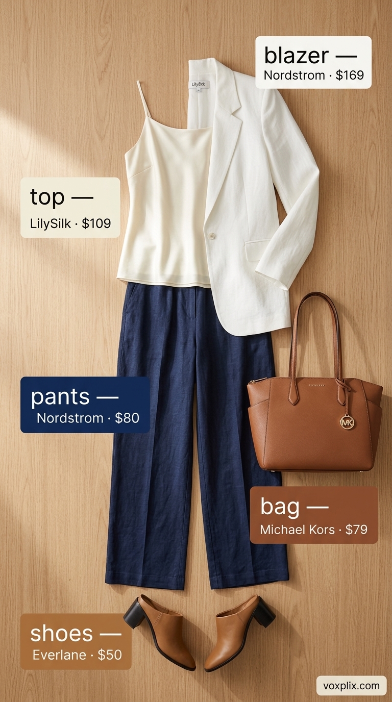Light Summer Work Outfits for Women 2026: Coastal Executive Light summer work outfits for women 2026: Navy wide-leg pants, ivory cami, tan mules for business casual.