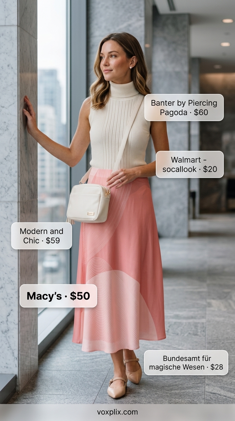 Light Summer Work Outfits for Women 2026: Peach Blossom Professional Light summer work outfits for women 2026: Peach midi skirt, cream knit top, nude flats for creative office.