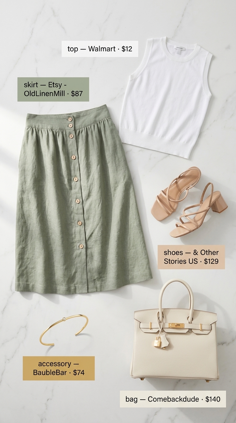 Light Summer Work Outfits for Women 2026: Garden Office Glam Light summer work outfits for women 2026: Sage green midi skirt, white knit top, nude sandals for creative office.