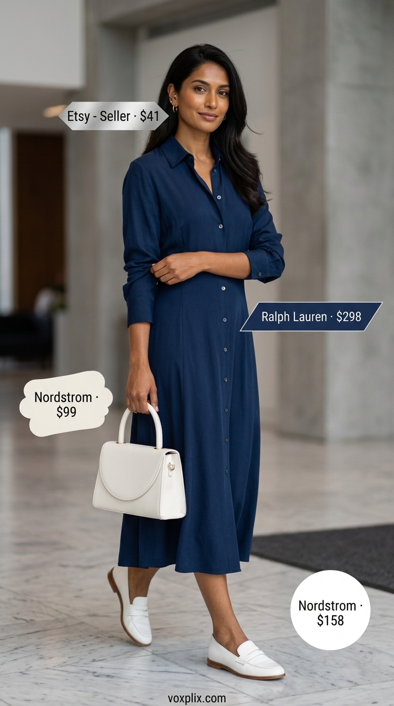 Light Summer Work Outfits for Women 2026: Sky Blue Strategic Light summer work outfits for women 2026: Sky blue shirtdress, white loafers, structured tote for office.