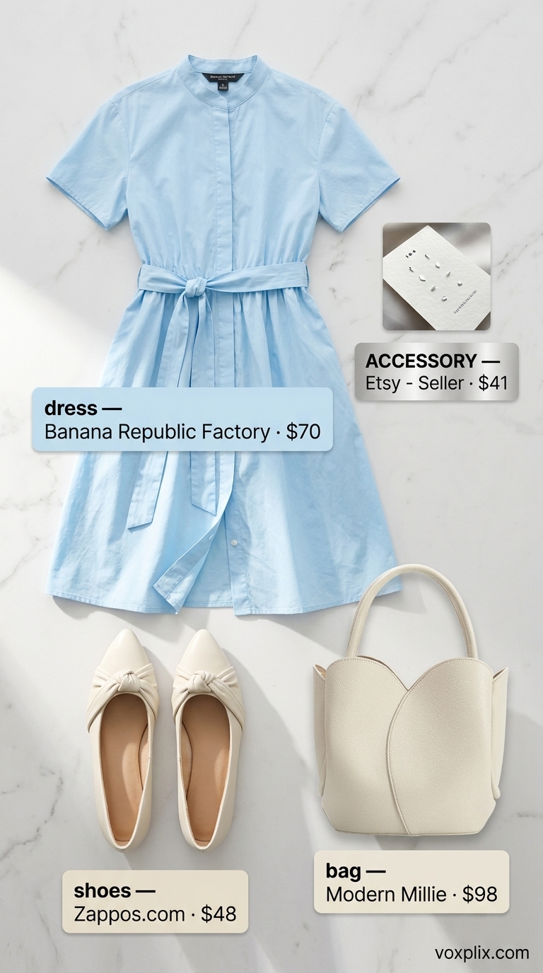 Pale Blue Shirt Dress Outfit 2026 | Chic Breezy Workwear Light summer work outfits for women 2026: Pale blue shirt dress, cream flats, silver earrings for office presentation.