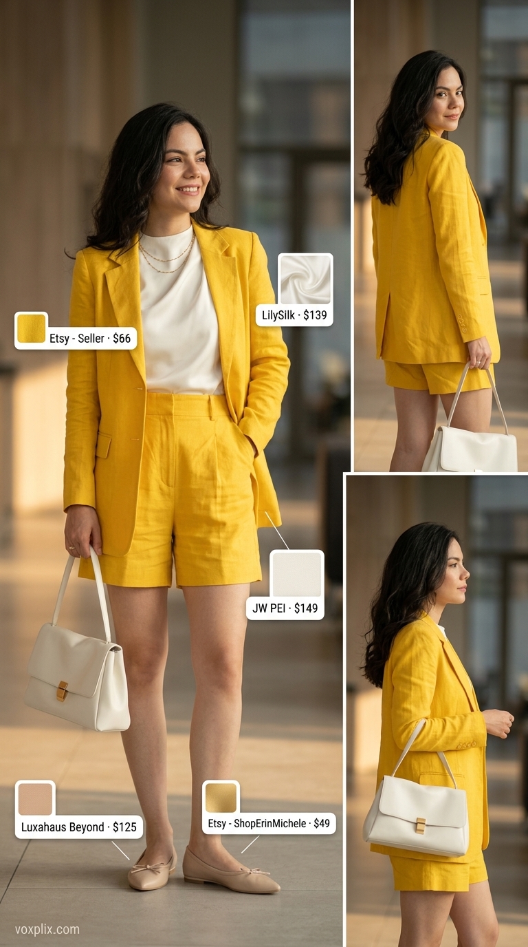 Blue Shorts Suit Outfit 2026 | Summer Business Casual Light summer work outfits for women 2026: Dusty blue shorts set, white silk top, nude ballet flats for casual Fridays.