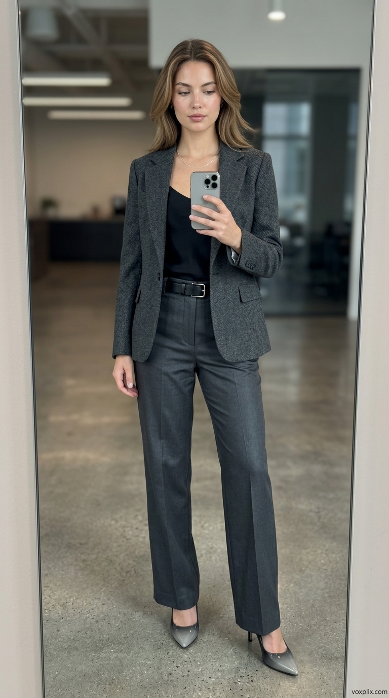 Charcoal Power Suit Outfit 2026 | Formal Business Event Light summer work outfits for women 2026: Charcoal power suit, black camisole, silver necklace for board meeting.