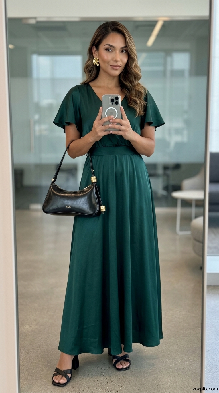Emerald Green Work Dress 2026 | Creative Office Chic Light summer work outfits for women 2026: Emerald green wrap dress, black heels, gold statement earrings for creative office.