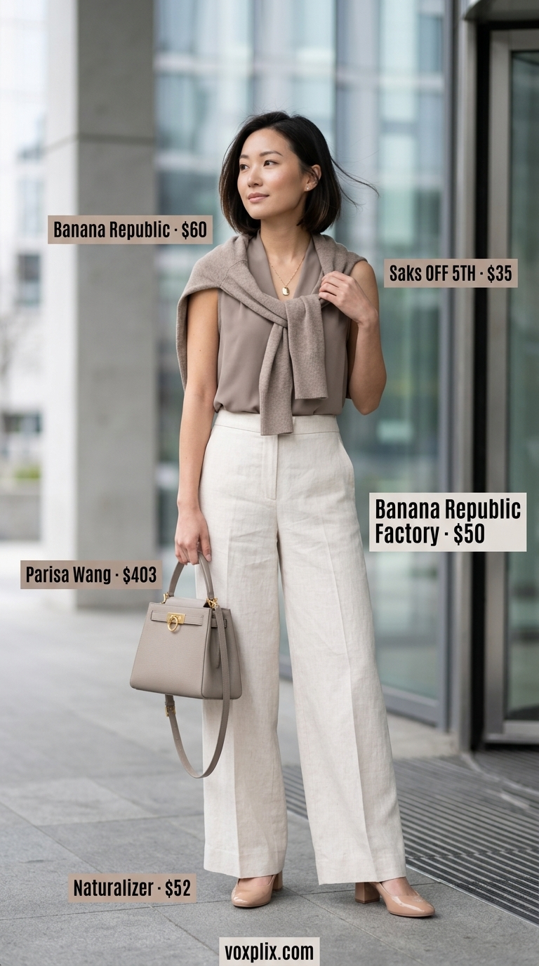 Ivory Trousers Work Outfit 2026 | Polished Professional Look Light summer work outfits for women 2026: Ivory wide-leg trousers, taupe blouse, gold necklace for important meeting.