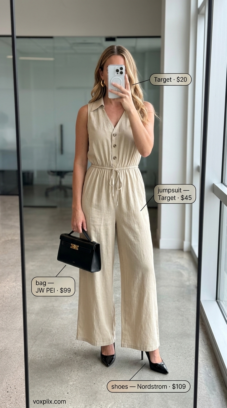 Khaki Jumpsuit Work Outfit 2026 | Modern Professional Style Light summer work outfits for women 2026: Khaki jumpsuit, black pumps, gold hoops for work presentation.