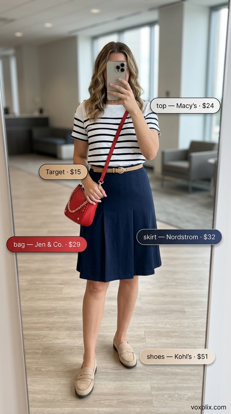 Navy Pleated Skirt Outfit 2026 | Preppy Business Casual Light summer work outfits for women 2026: Navy pleated skirt, striped blouse, tan loafers for business casual.