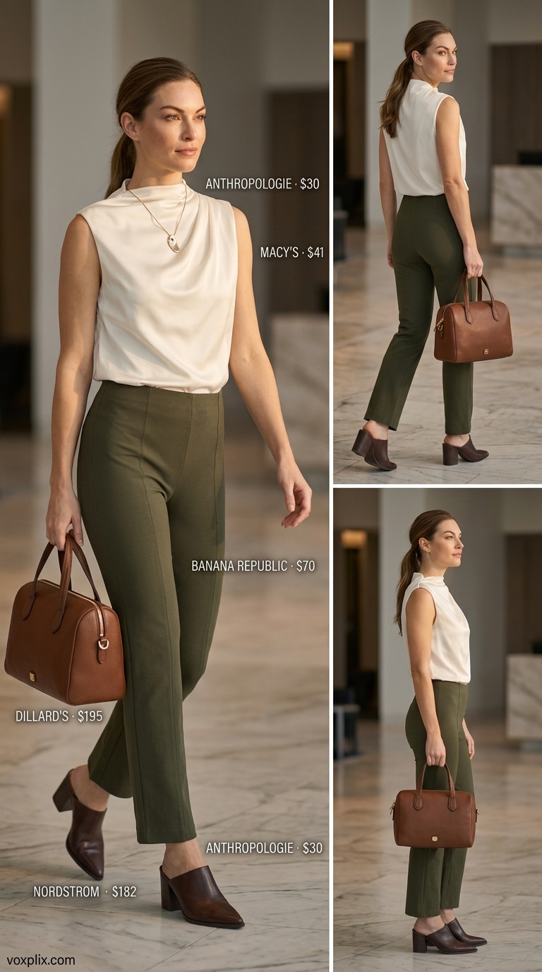 Olive Green Trousers Work Outfit 2026 | Sleek Office Style Light summer work outfits for women 2026: Olive green trousers, ivory blouse, brown mules for daily office wear.
