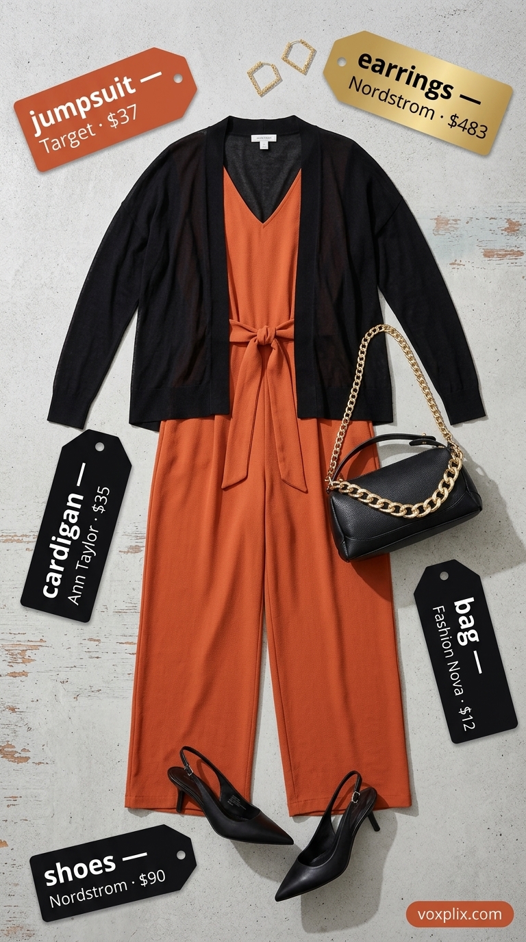 Terracotta Jumpsuit Work Outfit 2026 | Sophisticated Evening Event Light summer work outfits for women 2026: Terracotta jumpsuit, black pumps, gold hoops for formal office.
