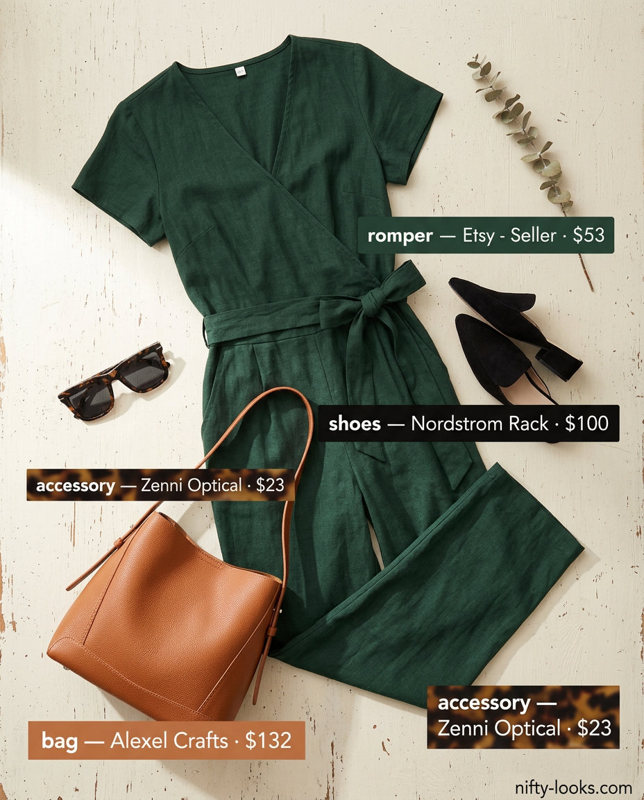 Chic city forest green linen romper outfit for women 2026, great for casual work days and smart casual events.