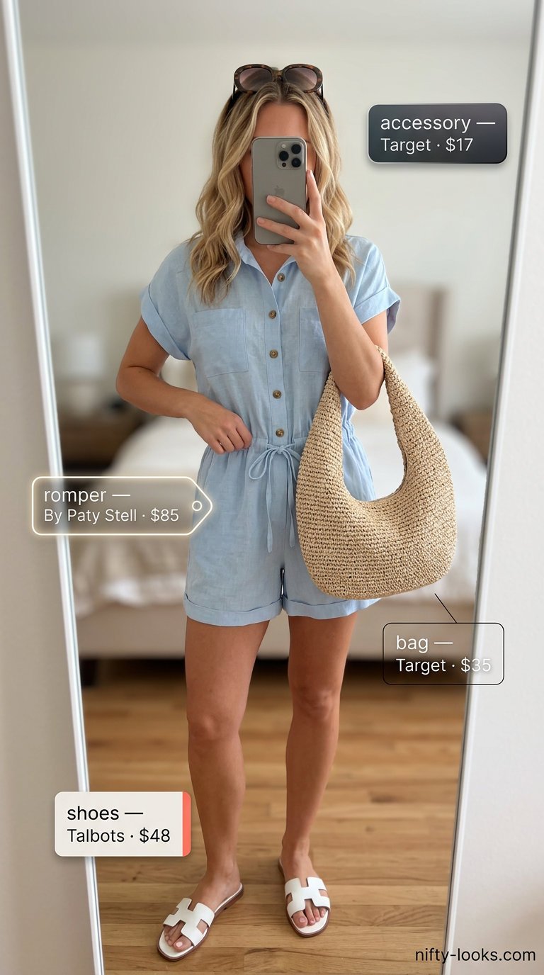 Coastal breeze sky blue linen romper outfit for women 2026, ideal for beach days and casual lunches.