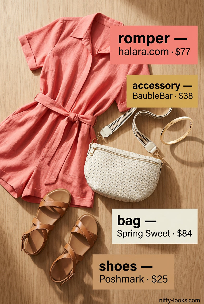 Coral linen romper outfit for women 2026, perfect for summer evenings and casual date nights. Chic and vibrant.