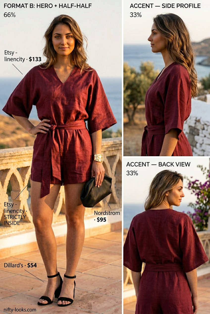 Elegant burgundy linen romper outfit for women 2026, perfect for summer weddings and dinner parties.