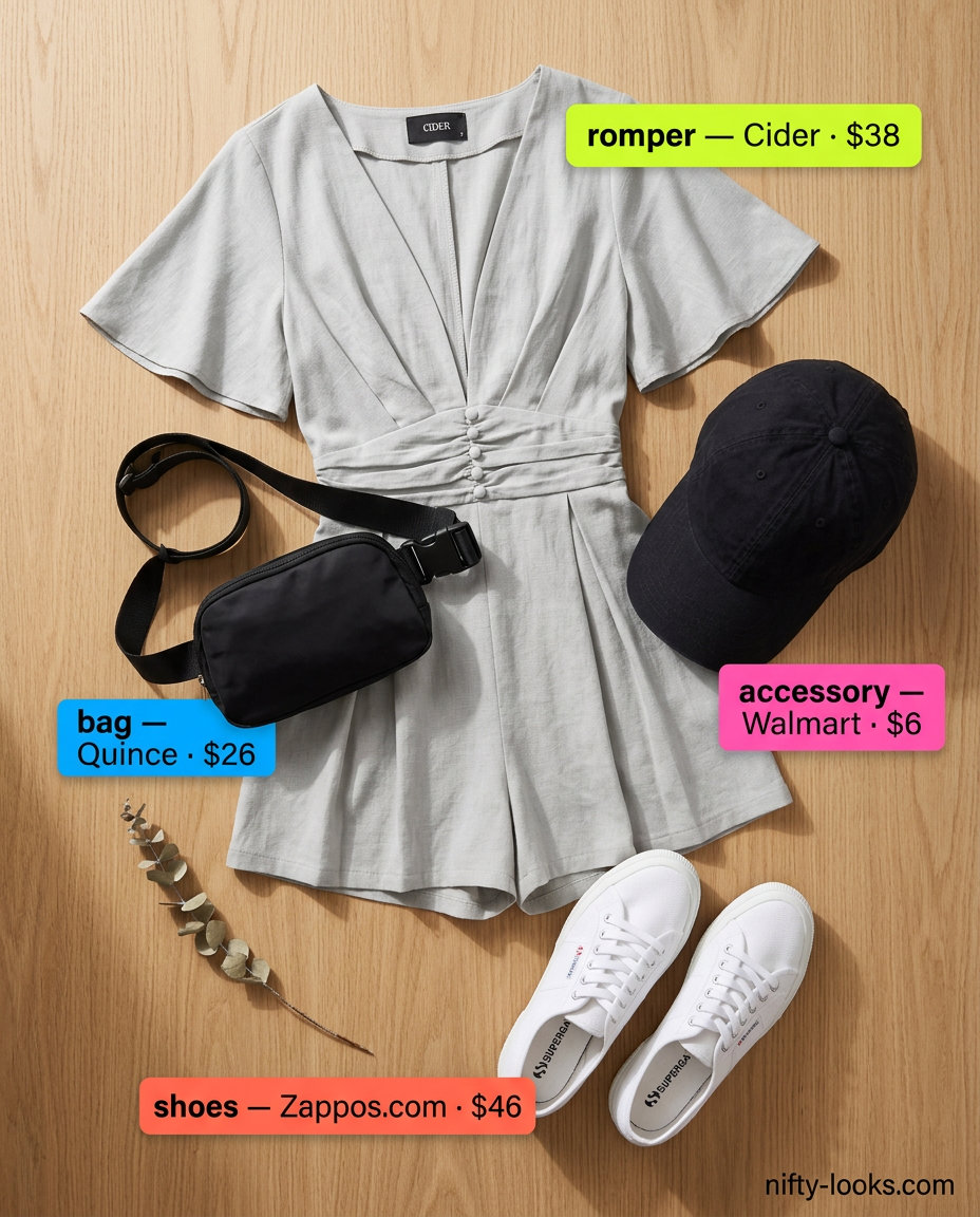 Light grey linen romper outfit for women 2026, perfect for casual outings and lounging. Comfortable and laid-back.