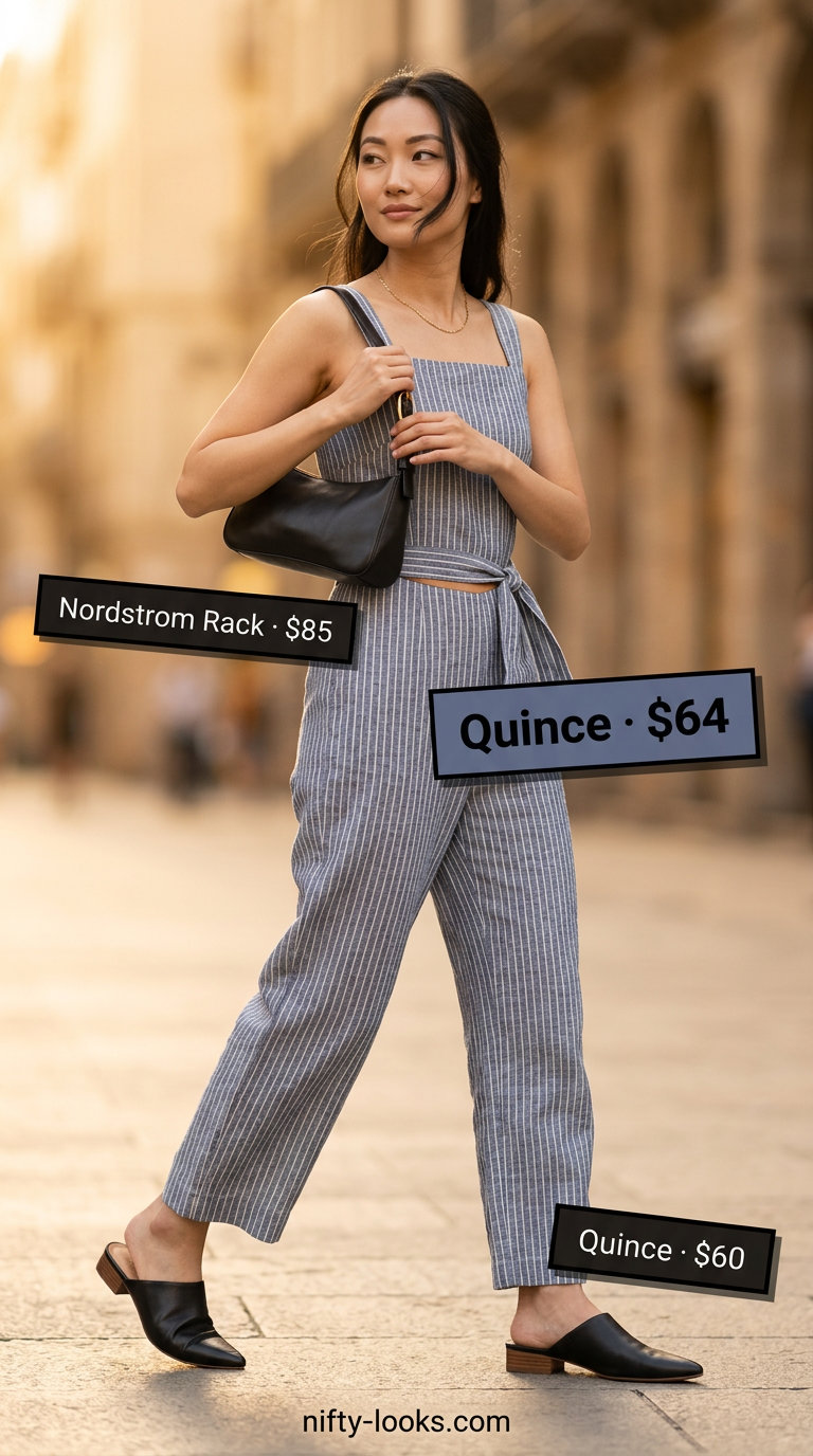 Ivory linen summer romper outfits for women 2026 styled with black mules and structured bag for events.